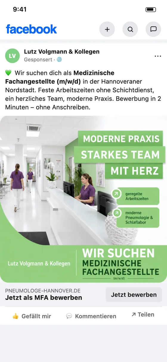 Facebook-Anzeige: Praxis Volgmann sucht MFA